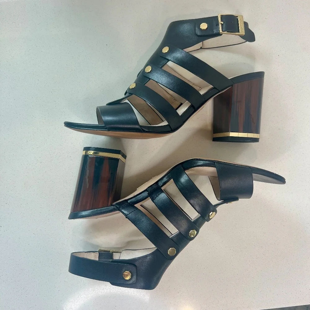 Louise et Cie Lo-Vira black leather sandals, tortoise color block heel - Picture 10 of 15